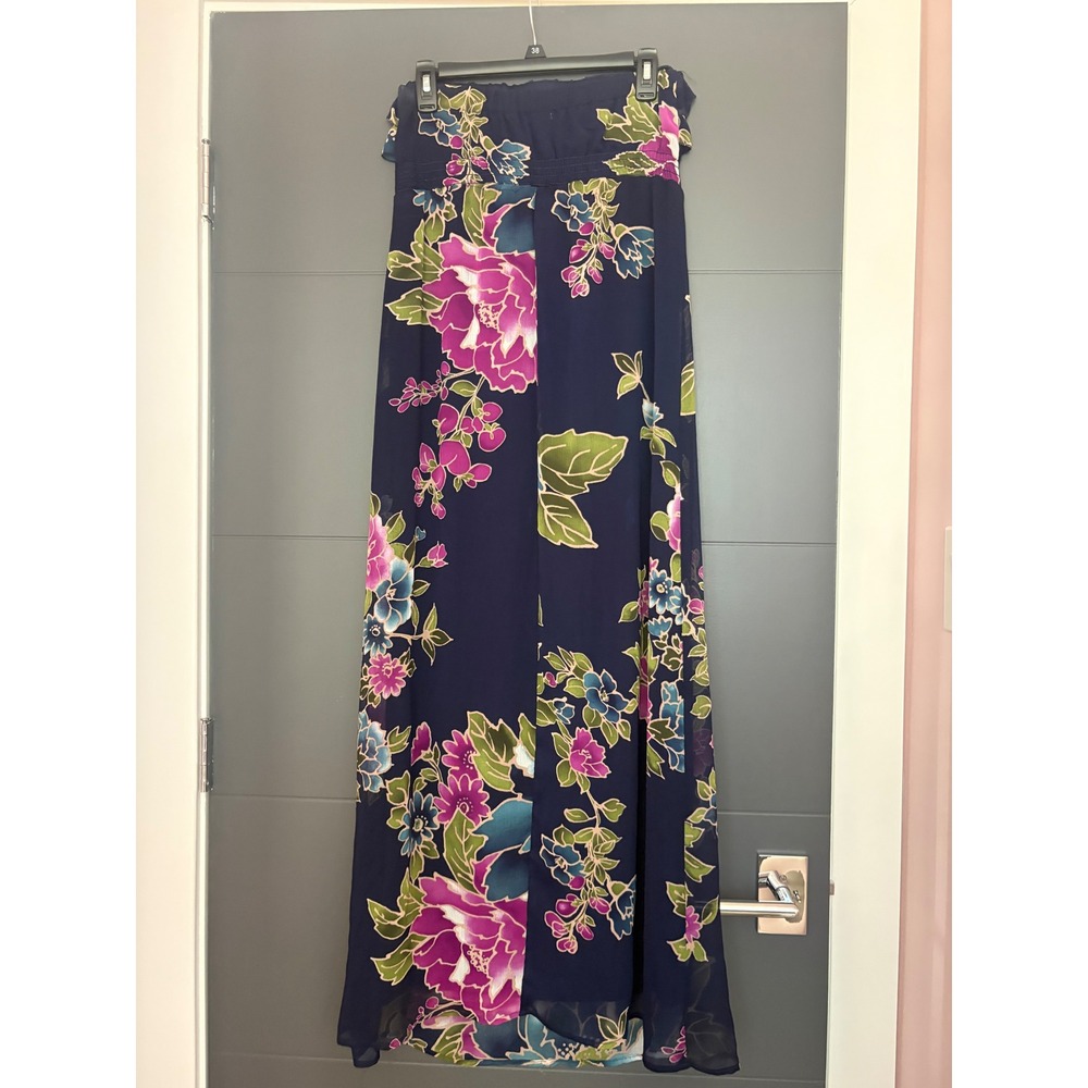 Floral Strapless Maxi Dress Navy Blue Pink Teal Ruffle Tube Top Summer Chiffon - Picture 2 of 6